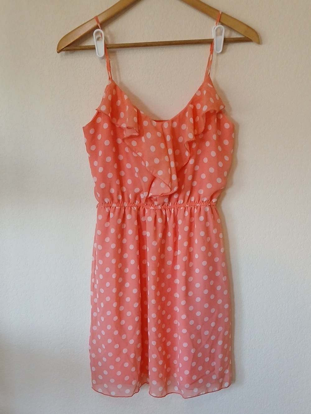 No Boundries Pink Polka Dot Dress Ruffle Front Spaghetti Straps